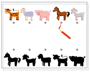 A logical game for children to find the right shadow. Find shade for cute farm animals, goat, sheep, pig, cow, horse.