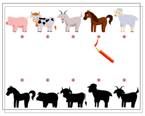 A logical game for children to find the right shadow. Find shade for cute farm animals, goat, sheep, pig, cow, horse.