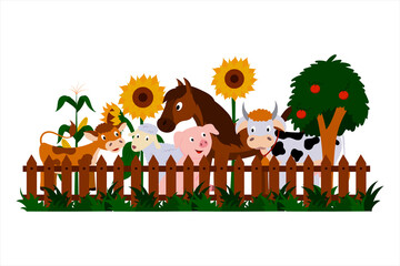 Farm animals, cow and calf, pig, sheep, horse are standing at the fence, sunflowers, corn, apple tree are blooming.