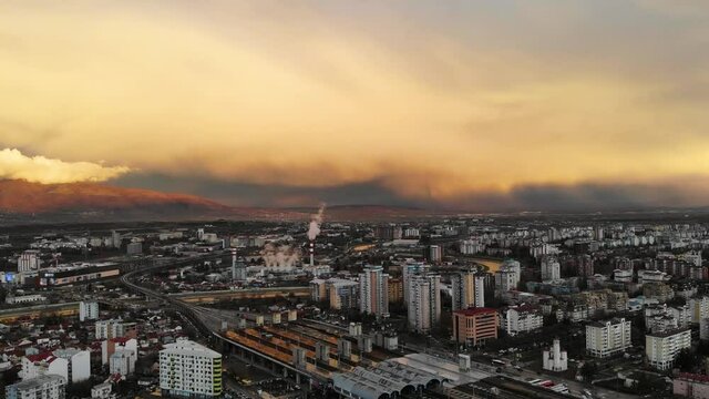 Timelapse of Skopje, North Macedonia, cloud formations with changing colors, aerial