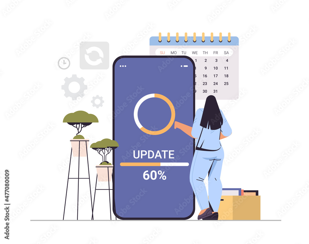 Poster woman updating operating system update process install new software on smartphone horizontal