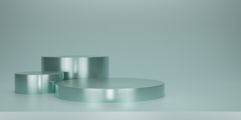 Shiny green round pedestal or podium  with studio backdrops. Metallic green  Blank display or clean room for showing product. Minimalist mockup for podium display or showcase. 3D rendering.