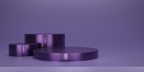 Shiny purple round pedestal or podium  with studio backdrops. Metallic magenta  Blank display or clean room for showing product. Minimalist mockup for podium display or showcase. 3D rendering.