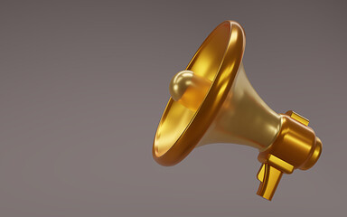 Obraz na płótnie Canvas Gold megaphone isolate on dark brown background. Gold Loudspeaker cartoon style. 3D render goden magaphone. 3D rendering.