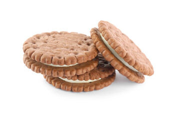 Tasty chocolate sandwich cookies on white background