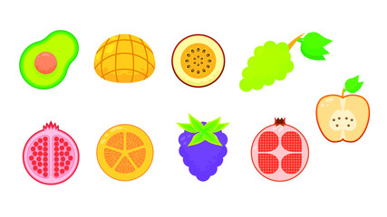 Set Abstract Collection Flat Cartoon  Different Color Fruit Food Concept Vector Design Style Elements With Shadows Taste Banana Kiwi Pineapple Peach Pear Orange Cherry Strawberry Watermelon
