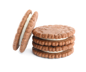 Tasty chocolate sandwich cookies on white background