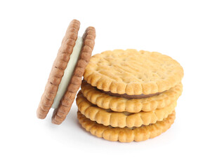 Different tasty sandwich cookies on white background