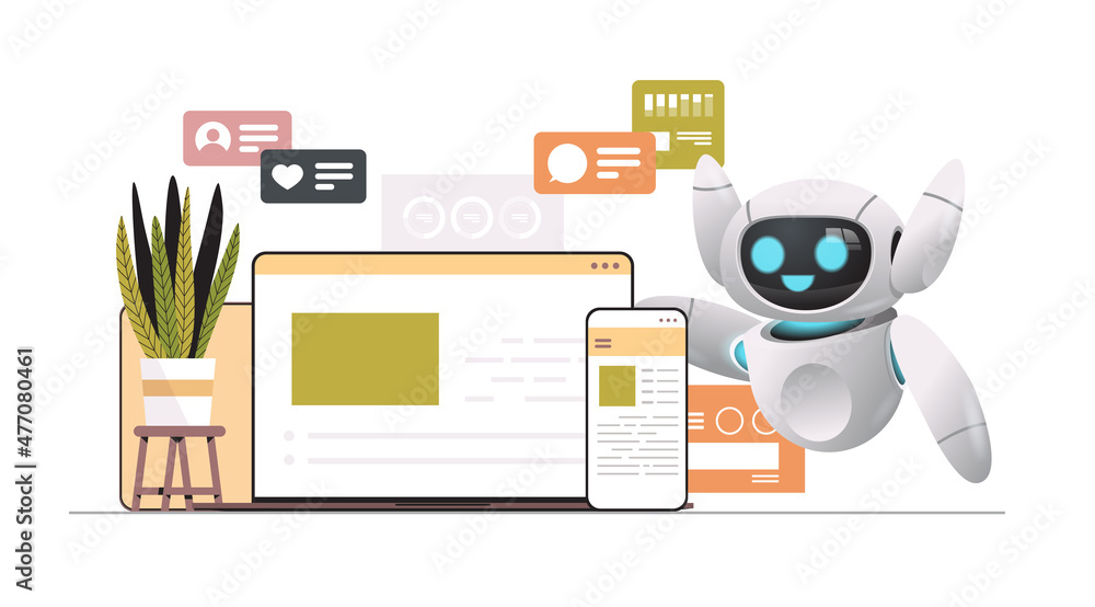 Poster robot using computer and mobile chatting apps online communication social media network artificial i