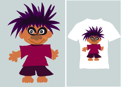 A funny character in a burgundy T-shirt. Vector illustration, ready for printing on t-shirt, clothing, poster and other purposes.