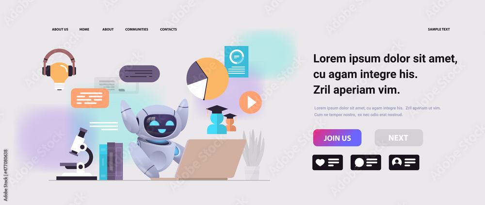 Poster robot sitting at workplace robotic character using laptop social media network online communication 