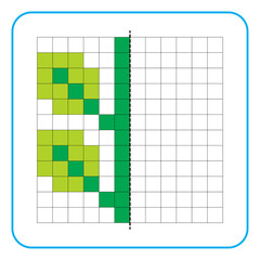 Picture reflection educational game for kids. Learn to complete symmetry worksheets for preschool activities. Coloring grid pages, visual perception and pixel art. Finish the plant leaves.