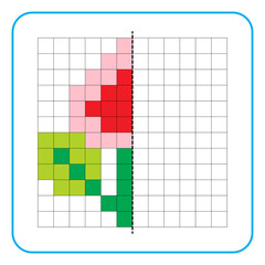 Picture reflection educational game for kids. Learn to complete symmetry worksheets for preschool activities. Coloring grid pages, visual perception and pixel art. Finish the leaves and flower buds.