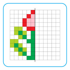 Picture reflection educational game for kids. Learn to complete symmetry worksheets for preschool activities. Coloring grid pages, visual perception and pixel art. Finish the leaves and flower buds.