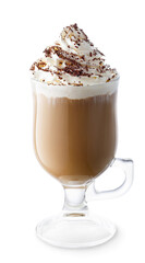 coffee with whipped cream and grated chocolate in glass cup isolated