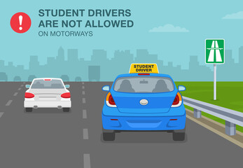 Traffic rules on highway, speedway, motorway. Student drivers are not allowed on expressway. Back view of a blue sedan car with yellow learner plate. Flat vector illustration template.
