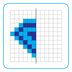 Picture reflection educational game for kids. Learn to complete symmetry worksheets for preschool activities. Coloring grid pages, visual perception and pixel art. Finish the diamond shape.