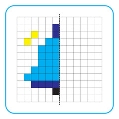 Picture reflection educational game for kids. Learn to complete symmetry worksheets for preschool activities. Coloring grid pages, visual perception and pixel art. Complete the bell image symbol.
