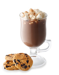 hot cocoa with marshmallows in glass cup isolated on white