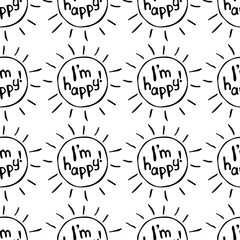Vector Seamless pattern with sun icons with I am happy letterings. Symbol of happiness. Mood, emotion texture