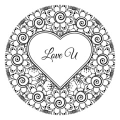 Mehndi flower with frame in shape of heart. decoration in ethnic oriental, doodle ornament.