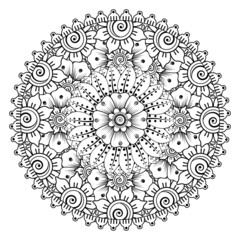 Mehndi flower for henna, mehndi, tattoo, decoration. Decorative ornament in ethnic oriental style, doodle ornament, outline hand draw. Coloring book page.