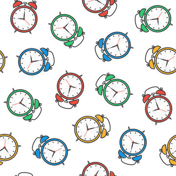 Alarm Clocks Seamless Pattern On A White Background. Clock Theme Illustration