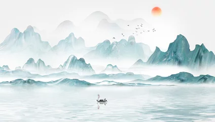 Fototapeten New Chinese blue artistic conception landscape painting © 心灵艺坊