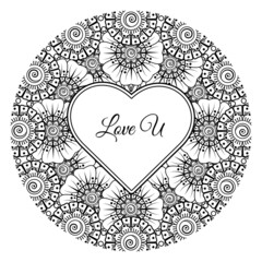 Mehndi flower with frame in shape of heart. decoration in ethnic oriental, doodle ornament.