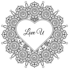 Mehndi flower with frame in shape of heart. decoration in ethnic oriental, doodle ornament.