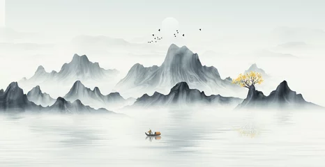 Rolgordijnen New Chinese blue artistic conception landscape painting © 心灵艺坊