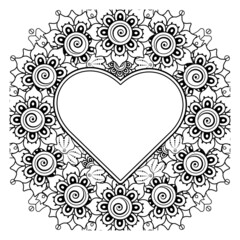 Mehndi flower with frame in shape of heart. decoration in ethnic oriental, doodle ornament.