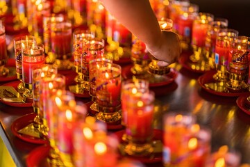 Bangkok, Thailand - December, 20, 2021 : Praying and meditation with burning candle on Chinese temple in Wat Leng Nei Yee 2 Temple at Bangkok, Thailand.