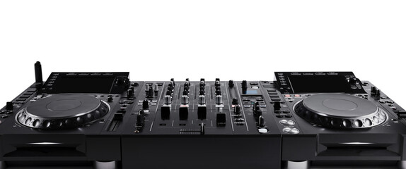 Modern DJ controller on white background, closeup