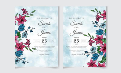 Set of hand-drawn watercolor floral wedding invitation card template with greenery botanical leaves, flowers, and branches, Abstract art background, save the date, greeting card, multi-purpose vector.