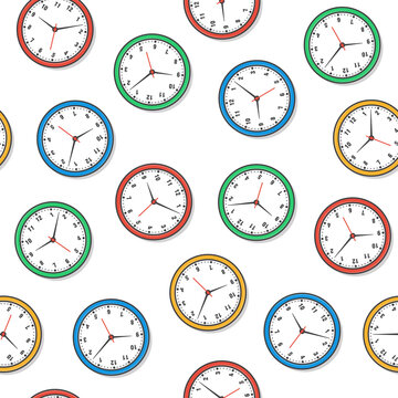 Clocks Seamless Pattern On A White Background. Watch Time Clock Theme Illustration
