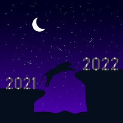 Happy Chines New Year 2022. Tiger jumping from a cliff over a cliff in night. 