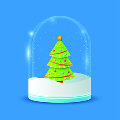 Realistic Abstract Merry Christmas Xmas Snowglobe Ball With Tree Snowflakes, Transparent Glass Holiday Decorations Happy New Year Background Vector Design Style