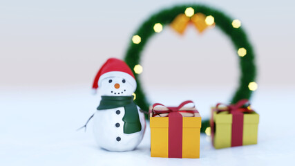 3D Blurred Scene Gift box and Snowman wear red hat green scarf on white snow near Christmas wreath soft blue light in winter season on the cold day  happy Christmas December and happy new year