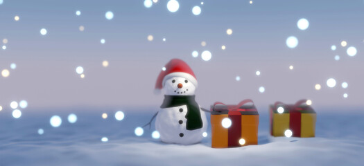 3D Blurred Scene Snowman wear red hat green scarf and gold gift box on white snow snowy and colorful bokeh soft blue light in winter season on the cold day  happy Christmas December and happy new year
