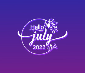 Hello July typography text isolated circle floral frame on black background