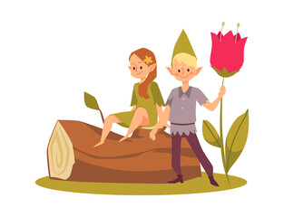 Cute elves boy and girl in the forest, cartoon flat vector illustration isolated on white background.