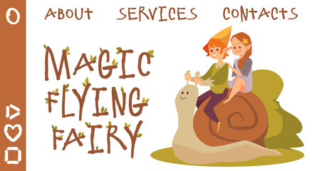 Magic cartoon female and male pixie characters ride snail holding on to horns