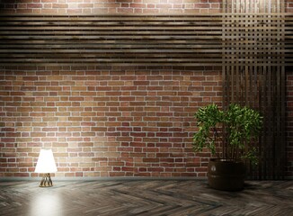 Modern living room interior with brick wall, blank wall, wooden floor, lamp and potted houseplant. Night illumination. 3D rendering.