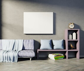Mock up horizontal canvas. Interior composition, sofa, shelf and white poster. Gray wall on background. 3D rendering.