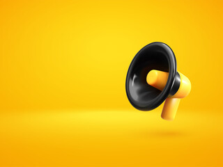 Loudspeaker on yellow background vector illustration. 3d megaphone banner template. Hiring new job vacancy, announcement, special offer - obrazy, fototapety, plakaty