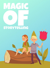 Fairy elves in the forest, fairytale and storytelling concept - cartoon flat vector poster illustration.