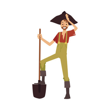 Western gold digger or pirate with shovel, flat vector illustration isolated.