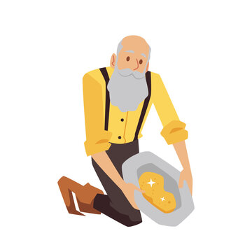 Old Gold Miner Or Prospector Male Character, Flat Vector Illustration Isolated.