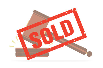 Auction concept. Big vintage label or red stamp - SOLD. Auction hammer in the background. Bidding process, deal done. Business banner.